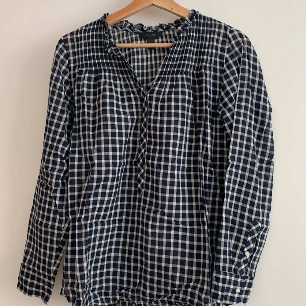 J crew navy check pattern blouse